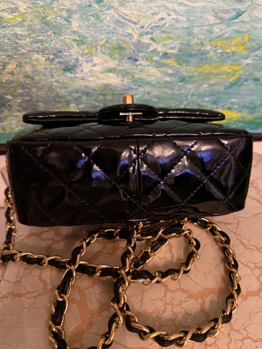 CHANEL Vintage Black Quilted Patent Mini Crossbody with Gold Hardware